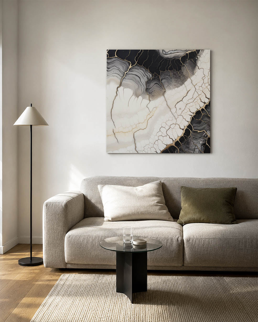 Organische lijnen kunstwerk – vierkante wanddecoratie – dit kunstwerk toont vloeiende lijnen en patronen in zwart, wit en