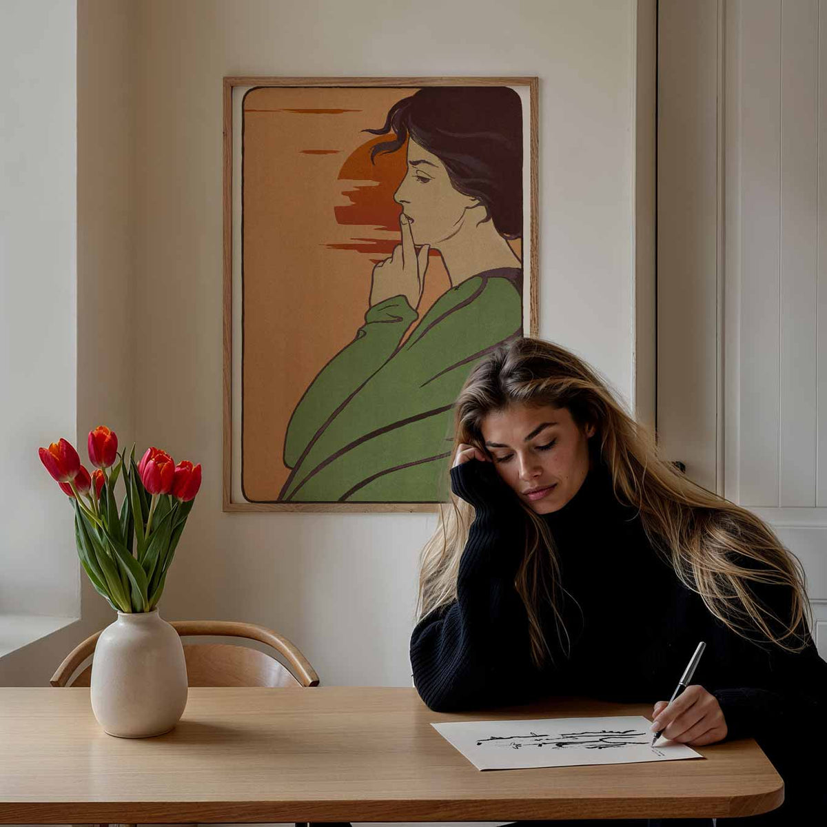 Mysterieuze Zonsondergang Vrouw – Popart poster als moderne urban wanddecoratie