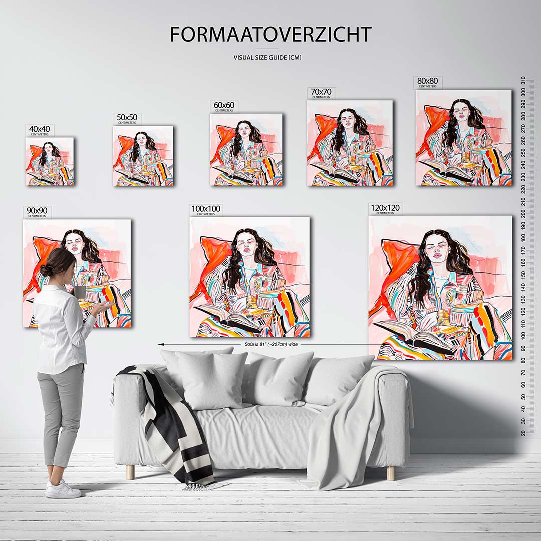 Kleurrijke lezing kunstwerk – sfeerbeeld – dit werk toont een persoon in een kleurrijke omgeving met levendige patronen en