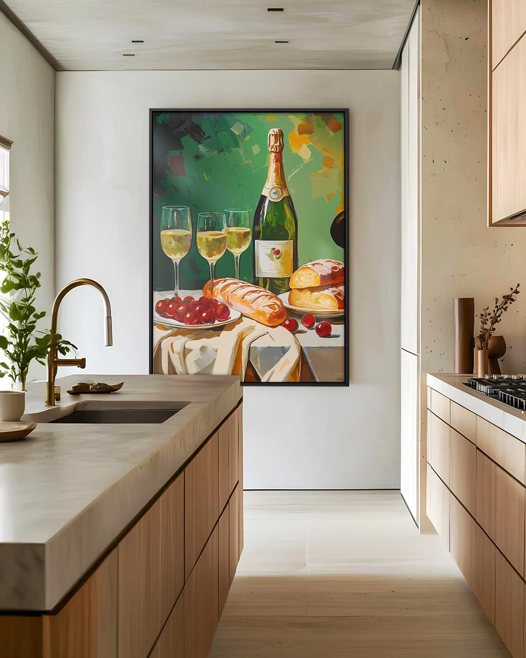 Luxe Stilleven met Champagne en Brood – staand kunstwerk voor modern interieur