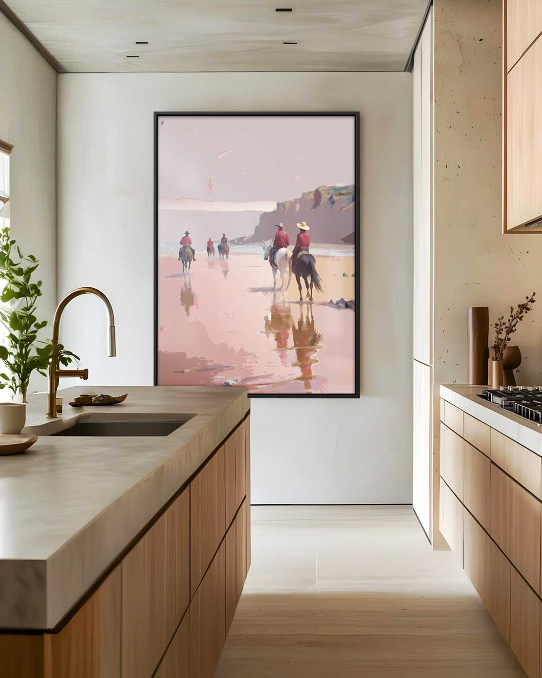 Strandrit bij Zonsondergang – kunstwerk met zwarte baklijst