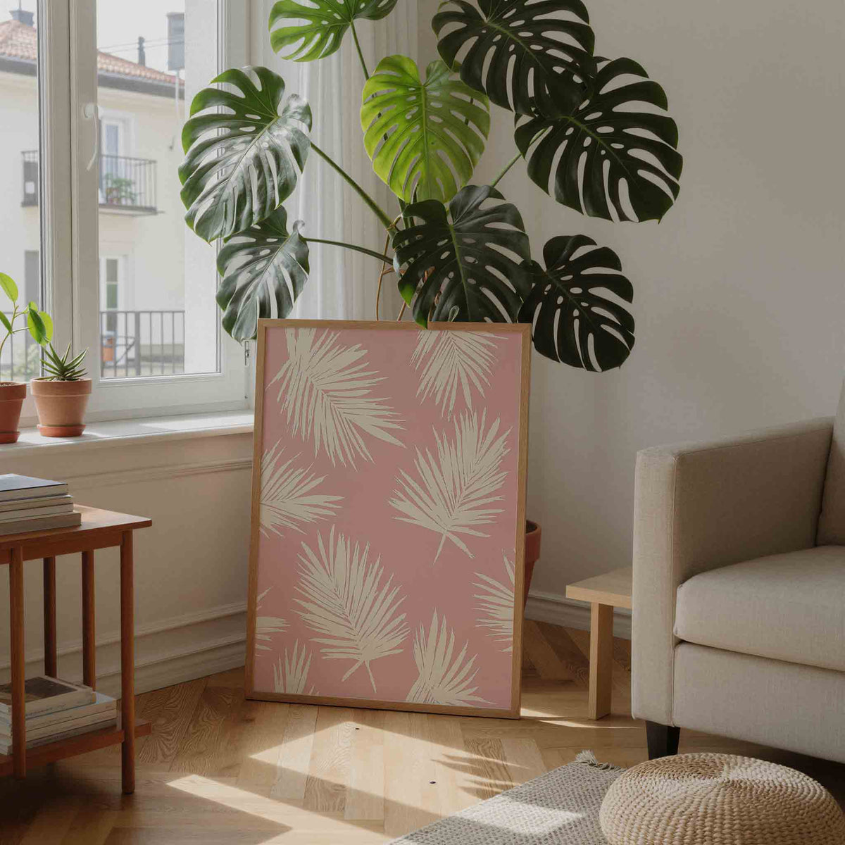 Beige bladeren op roze – moderne illustratie als portret poster