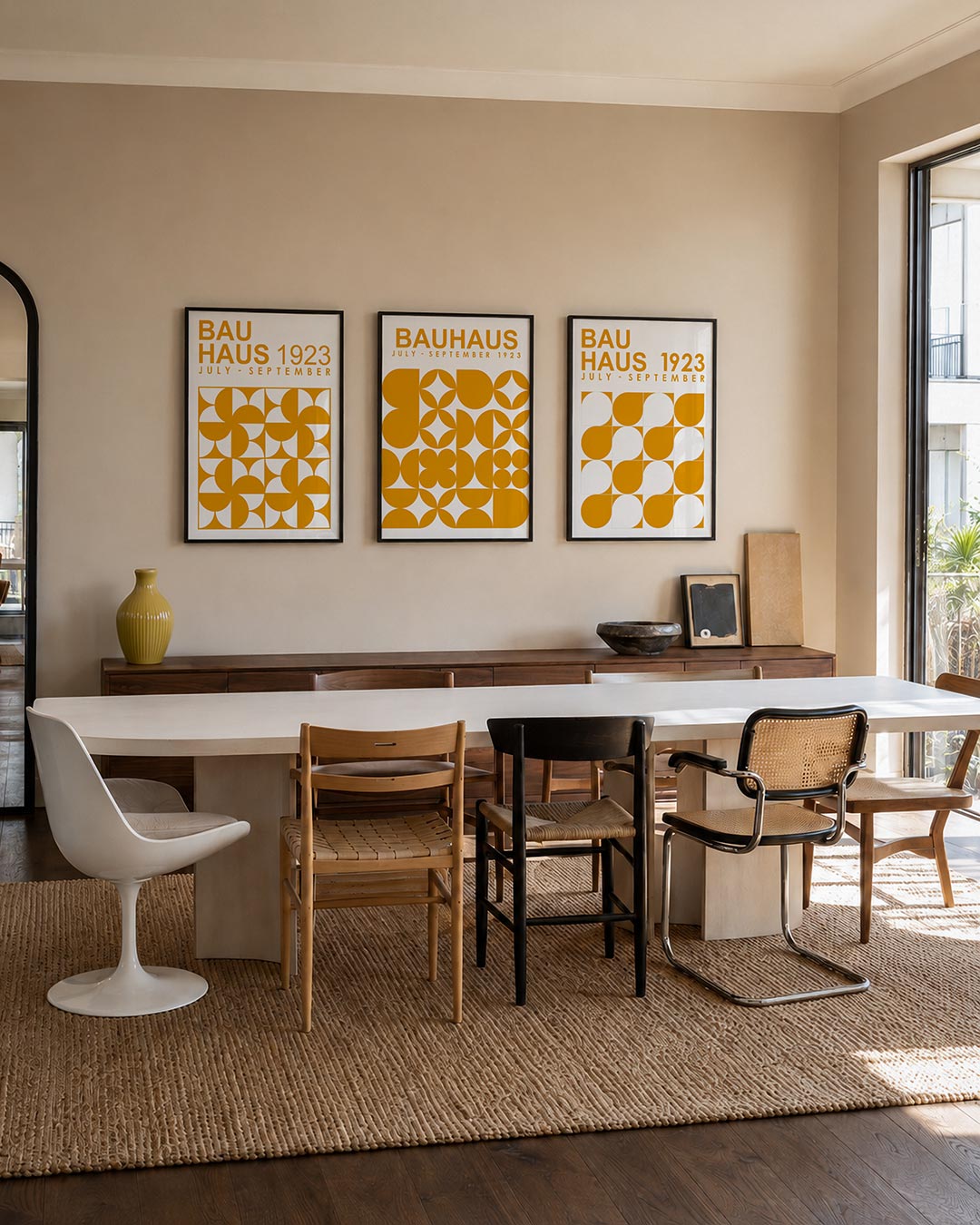 Vormen en vlakken driedelige posterset – deze posterset in drie delen toont een levendig spel van oranje en wit.