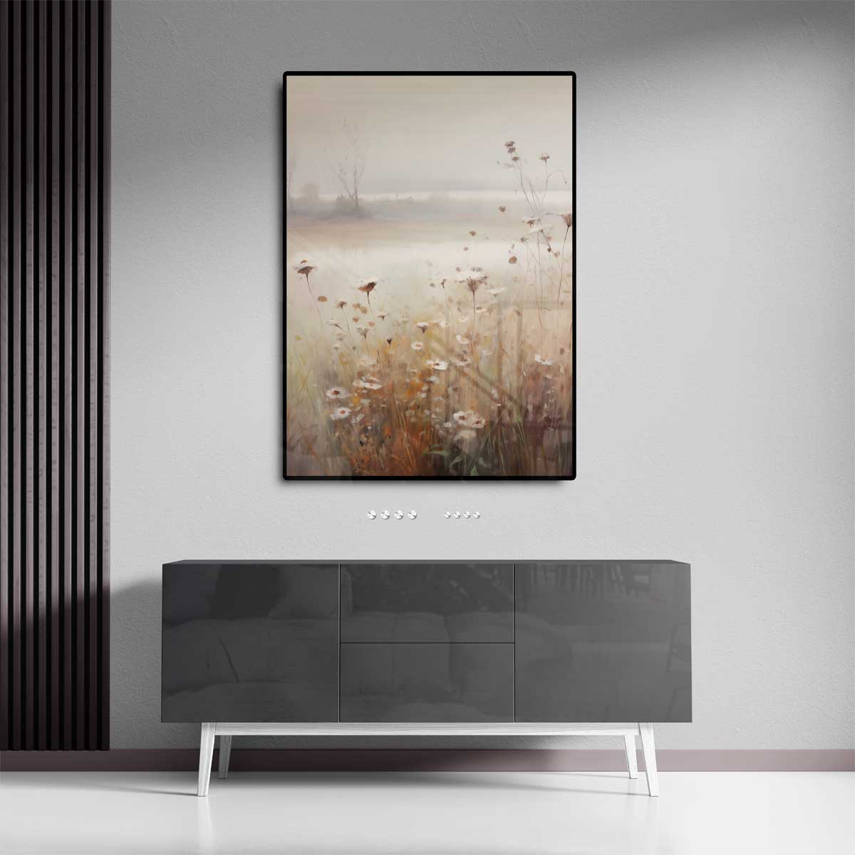 Mistige Bloemenweelde in de Ochtend – staand kunstwerk voor modern interieur