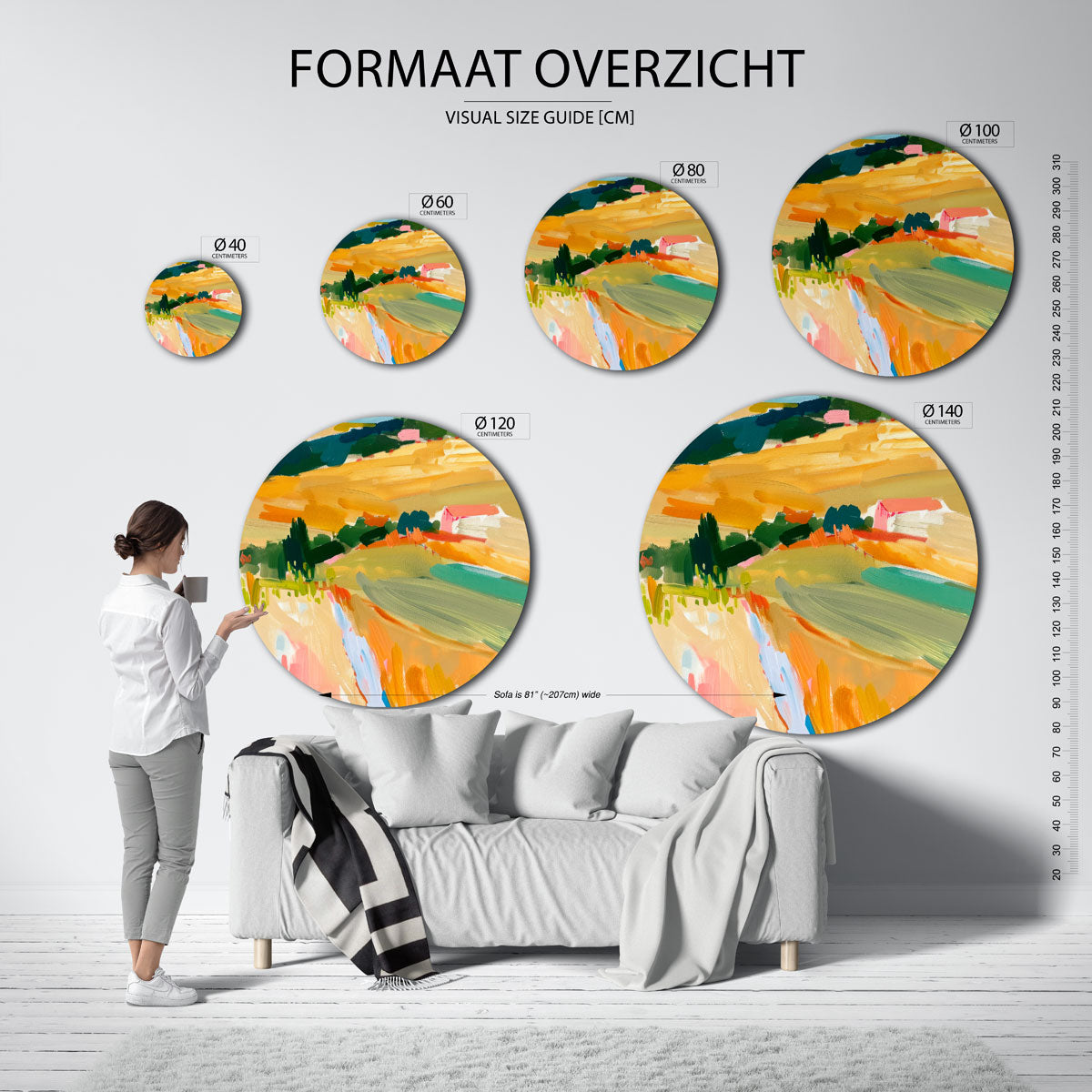 Landschap in warme tinten – geïllustreerde wandkunst als moderne muurcirkel