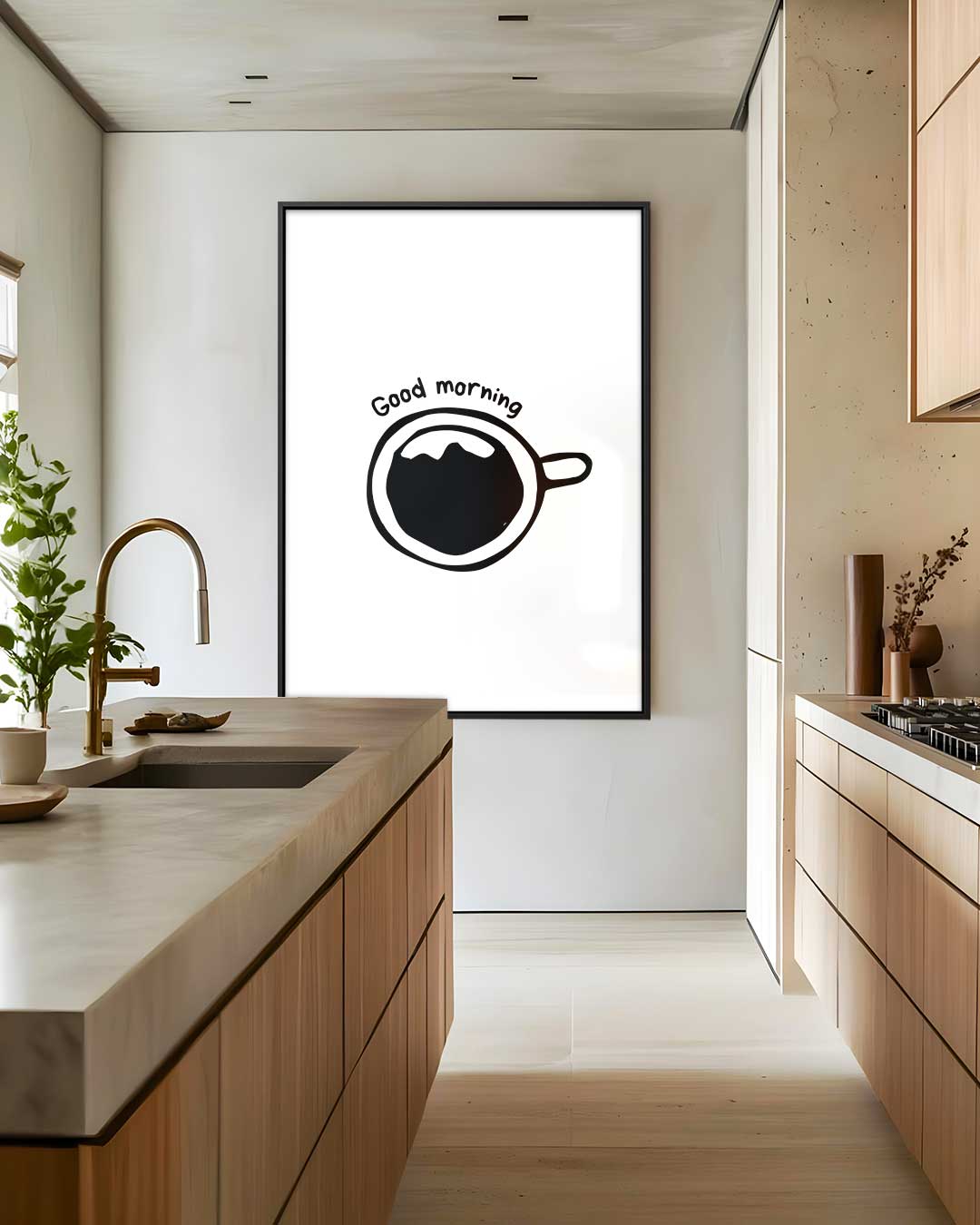 Zwart-wit Goede Morgen Koffie Illustratie – staand kunstwerk voor modern interieur