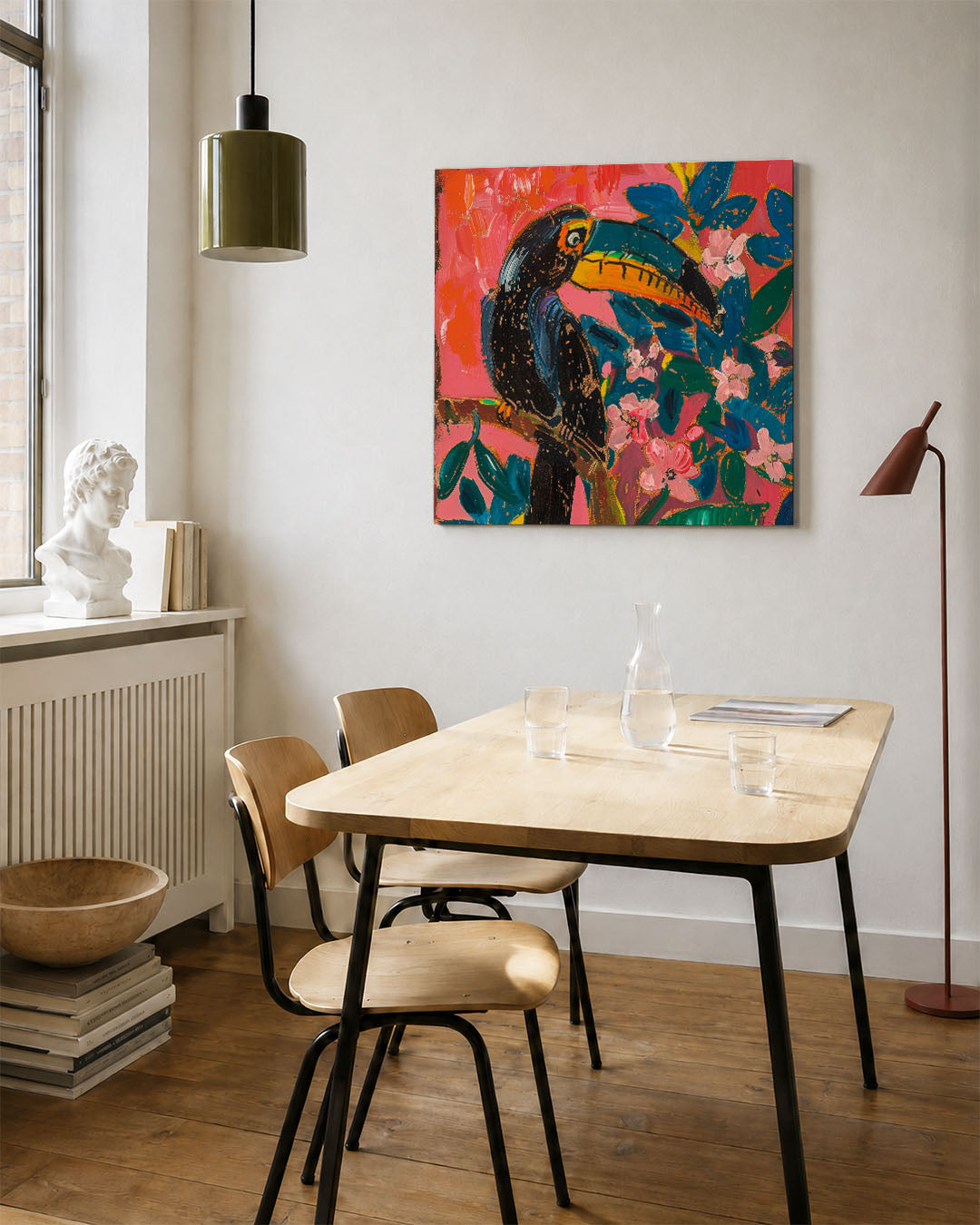 Vrolijke toekan kunstwerk – vierkante wanddecoratie – dit kunstwerk toont een kleurrijke toekan omringd door levendige