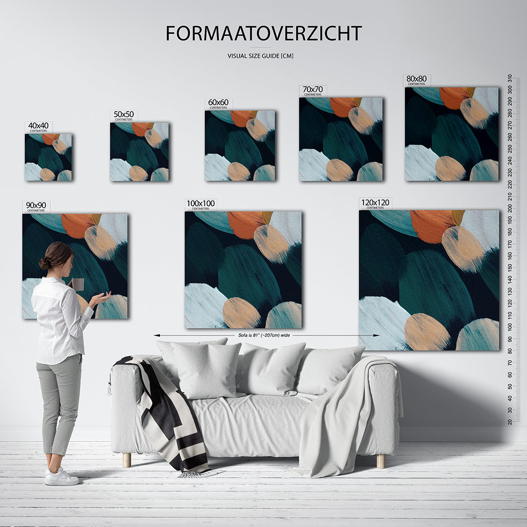 Kleurencompositie kunstwerk – dit werk toont een levendige mix van vloeiende penseelstreken in blauw, oranje en beige op een