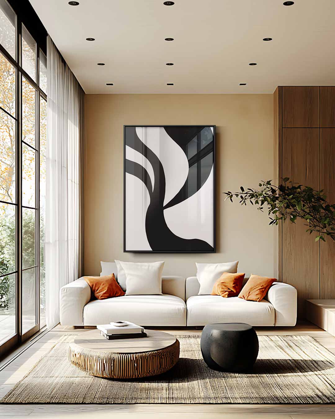 Organische Zwart-Wit Abstractie – staande wandkunst voor woonkamer of interieur