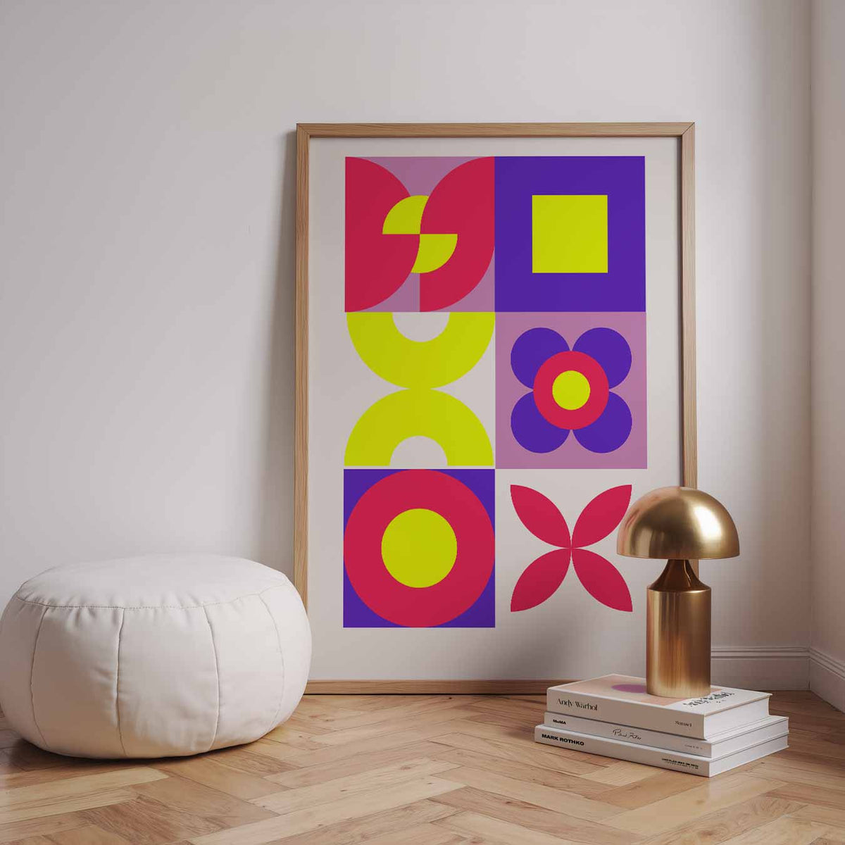 Retro Bloemen & Geometrie – staande kleurrijke abstracte wanddecoratie van WallArtistic