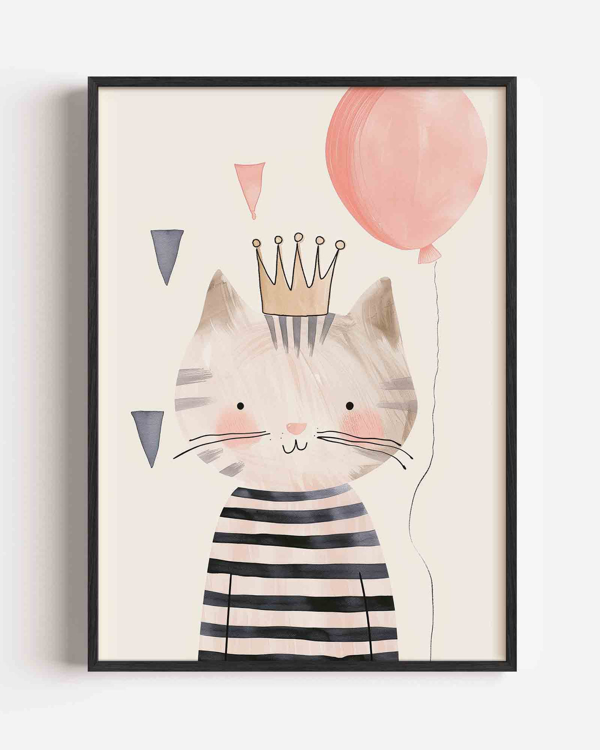 Kat met kroon en ballon – kids portret poster als wanddecoratie