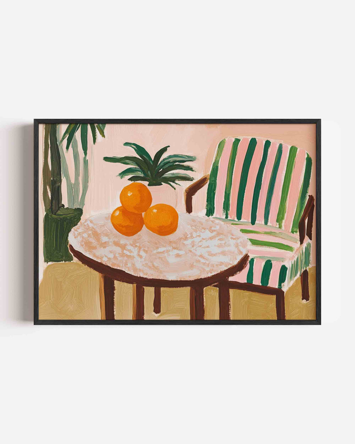 Oranje fruit en gestreepte stoel – jungle landscape poster als wanddecoratie
