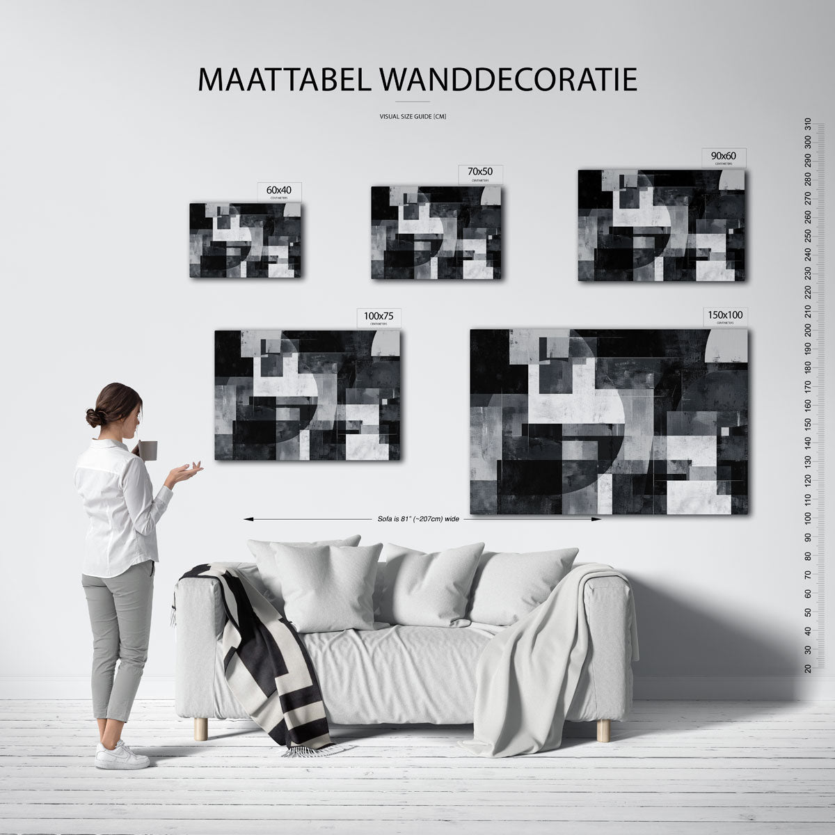 Geometrische vormen compositie – Zwart-wit – moderne liggende wandkunst