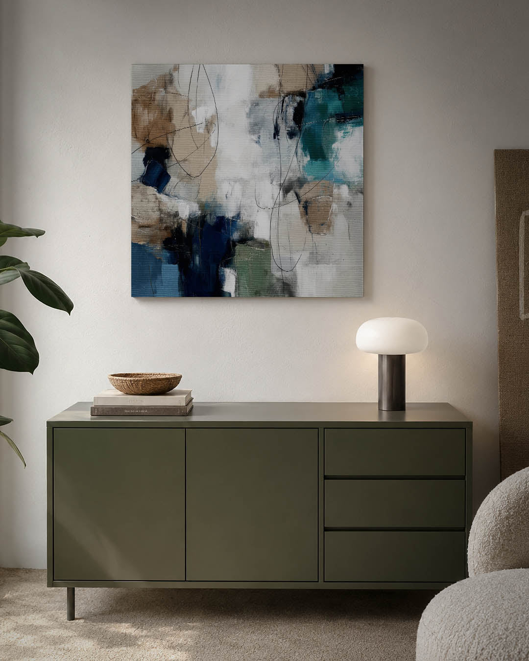 Dynamische kleurencompositie kunstwerk – detailweergave – dit kunstwerk toont een levendige mix van blauwe, beige en groene