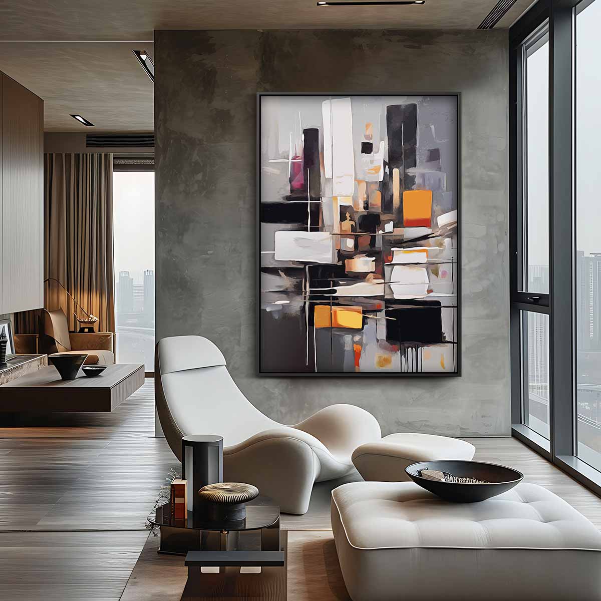 Abstract Stadsleven Schilderij – canvas wanddecoratie in portret formaat