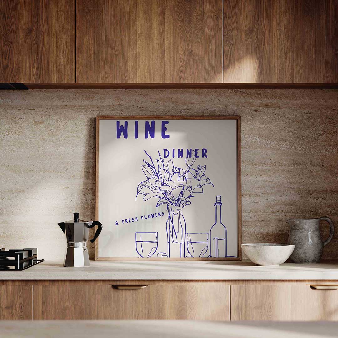 Wijn en bloemen – culinaire wandkunst als vierkante poster