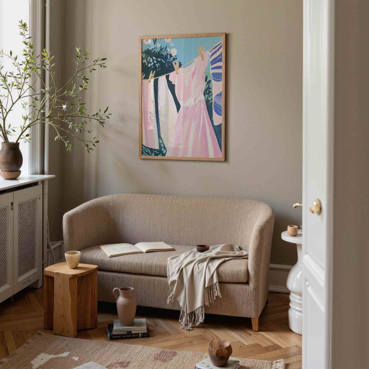 Waskleding in de zon – pastel poster in staand formaat