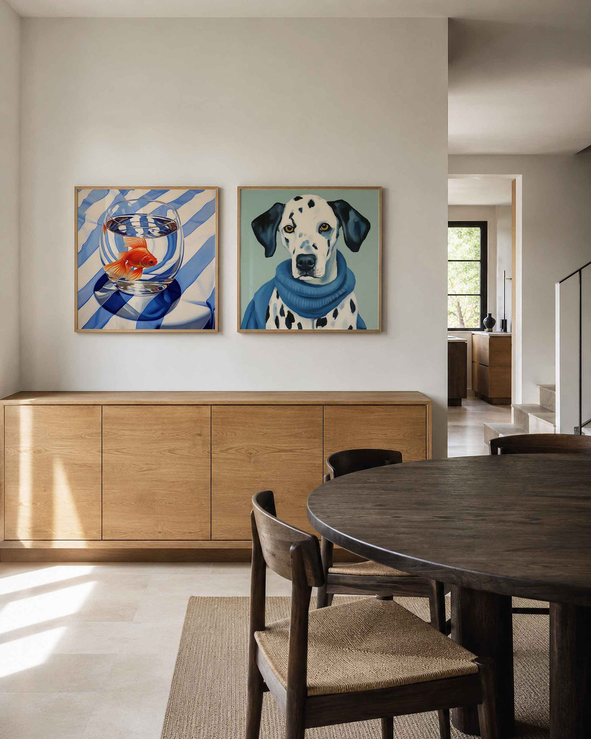 Interieurpresentatie van een tweedelige vierkante posterset met goudvis en dalmatiër