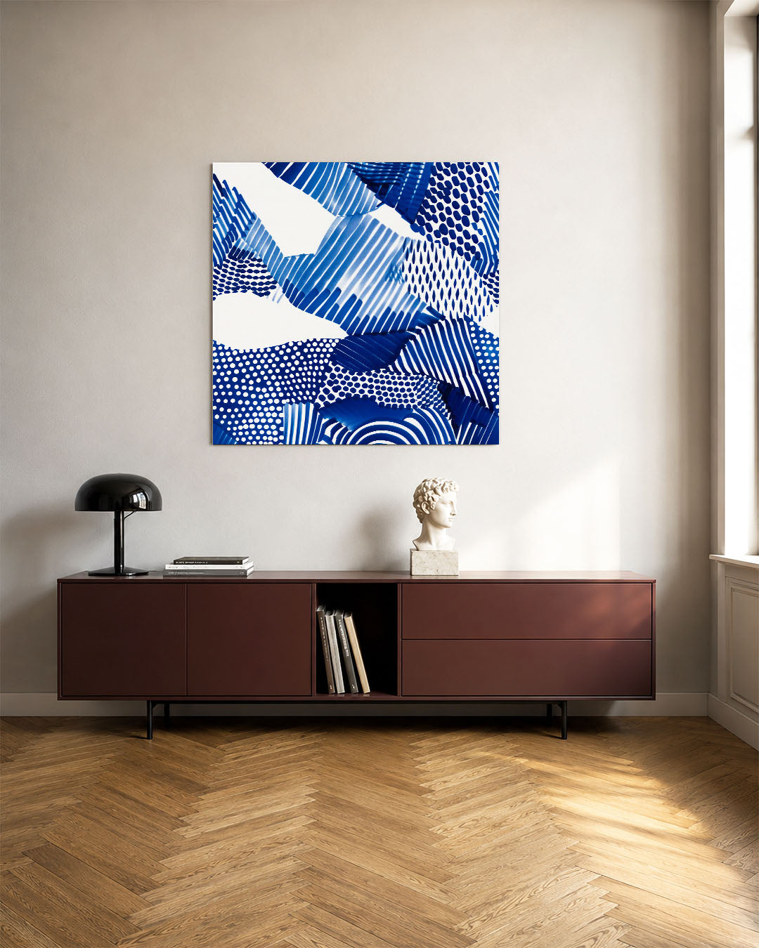 Dynamische patronen kunstwerk – tweede productweergave – dit kunstwerk toont een levendige compositie van blauwe en witte