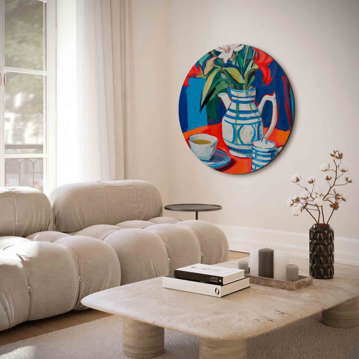 Bloemen en servies – muurcirkel met abstracte texturen voor aan de muur