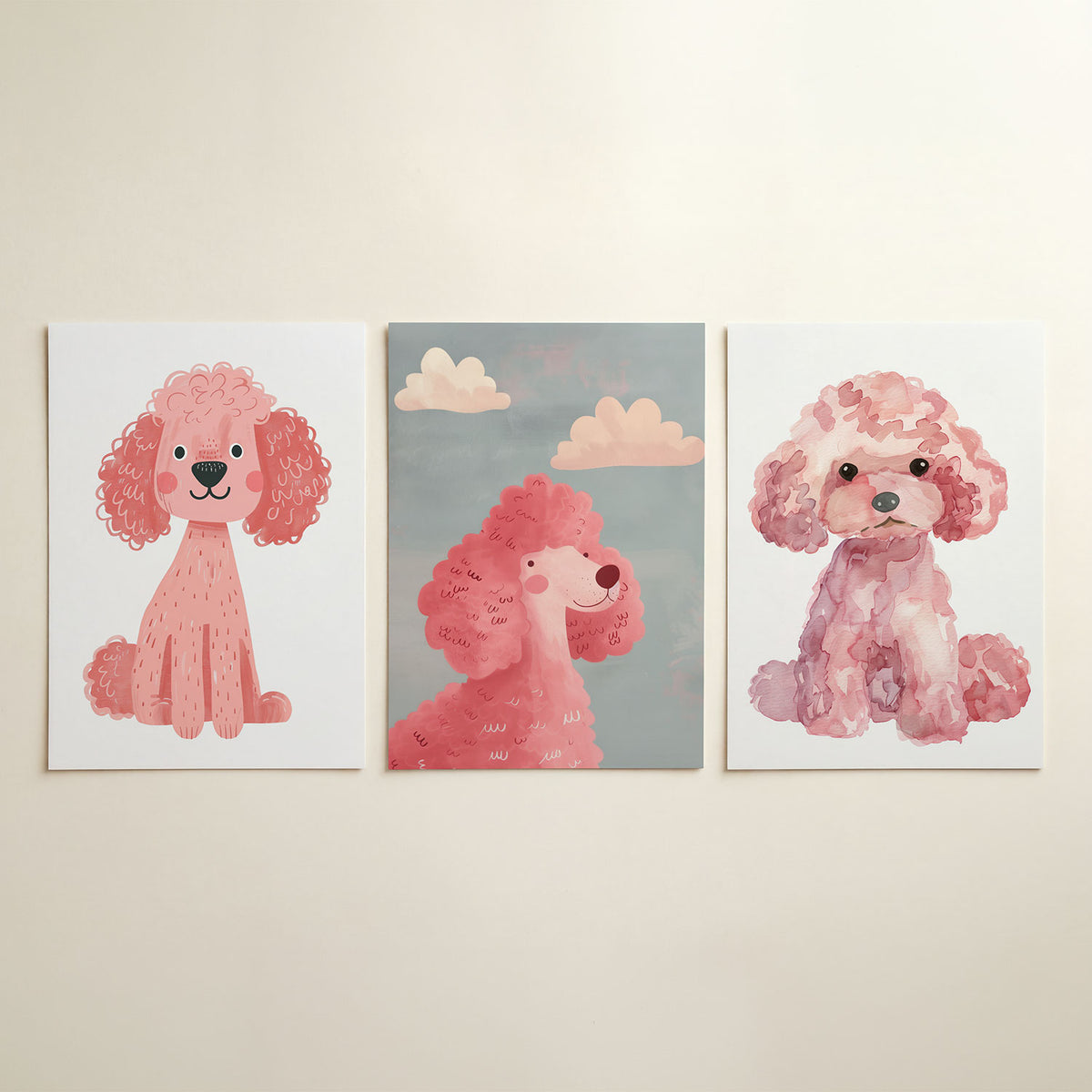 Vrolijke hond driedelige posterset in interieur