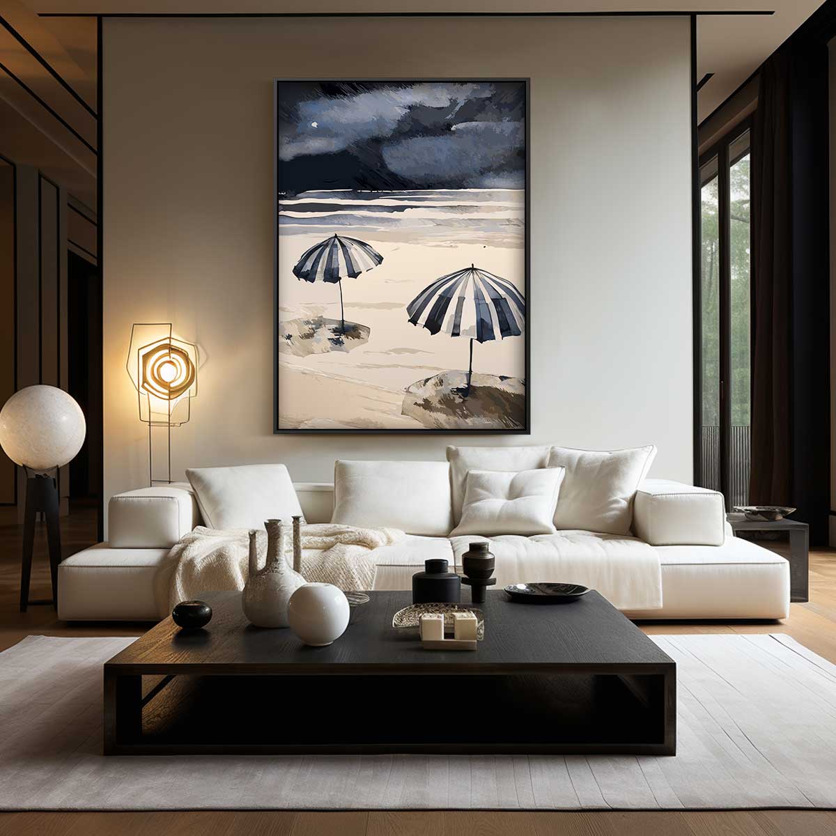 Strandparaplu's in Windstorm – kunstwerk met zwarte baklijst