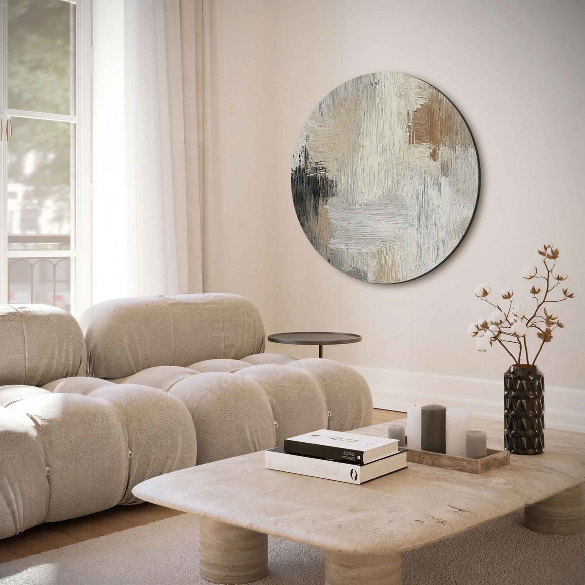 Abstracte beige – moderne abstracte muurcirkel voor aan de muur