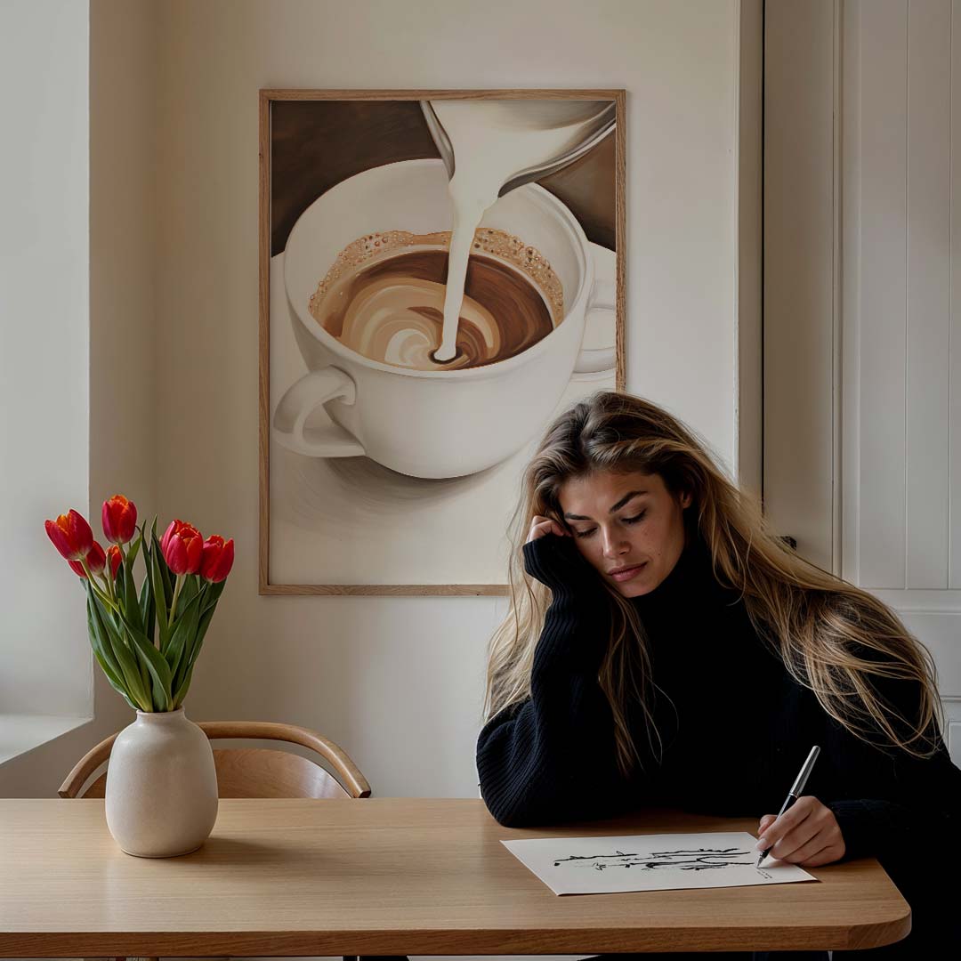 Koffie met Melk Ingegoten – culinaire wandkunst als portret poster