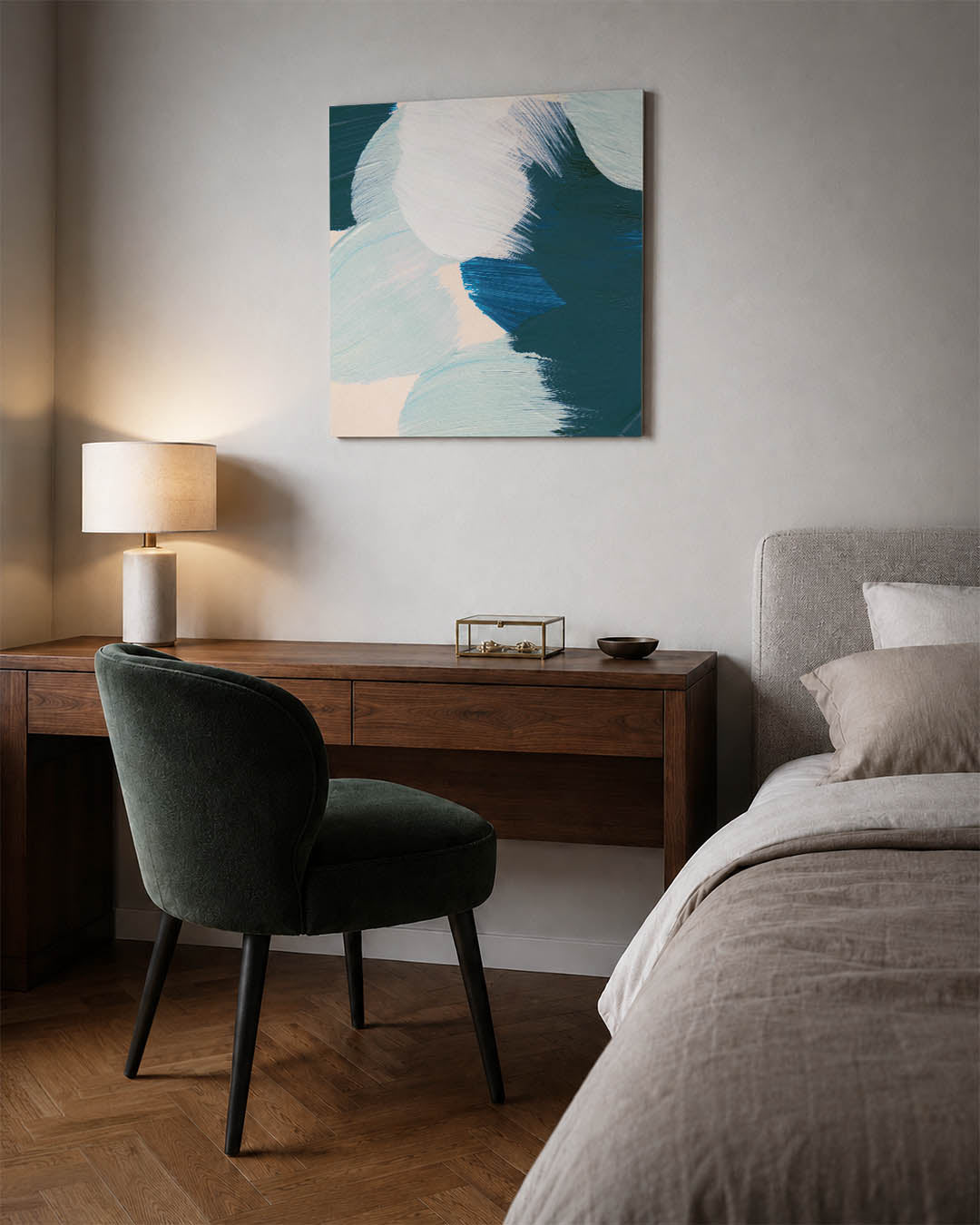Dynamische kleurencompositie kunstwerk – materiaalweergave – dit kunstwerk toont een levendige mix van blauw, groen en beige.