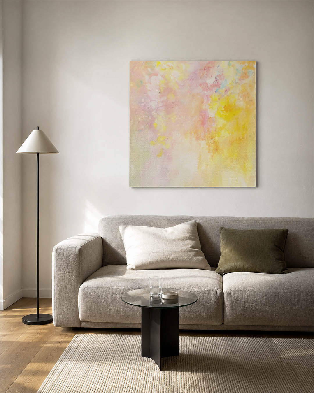 Zachte kleurenexplosie kunstwerk – vierkante wanddecoratie – dit kunstwerk toont een vloeiende mix van zachte kleuren met een