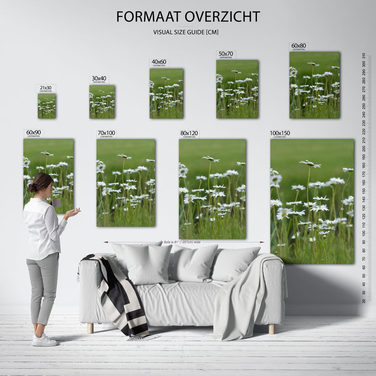 Bloemen in weide poster – sfeerbeeld – deze poster toont een weide vol witte bloemen tegen een groene achtergrond. De