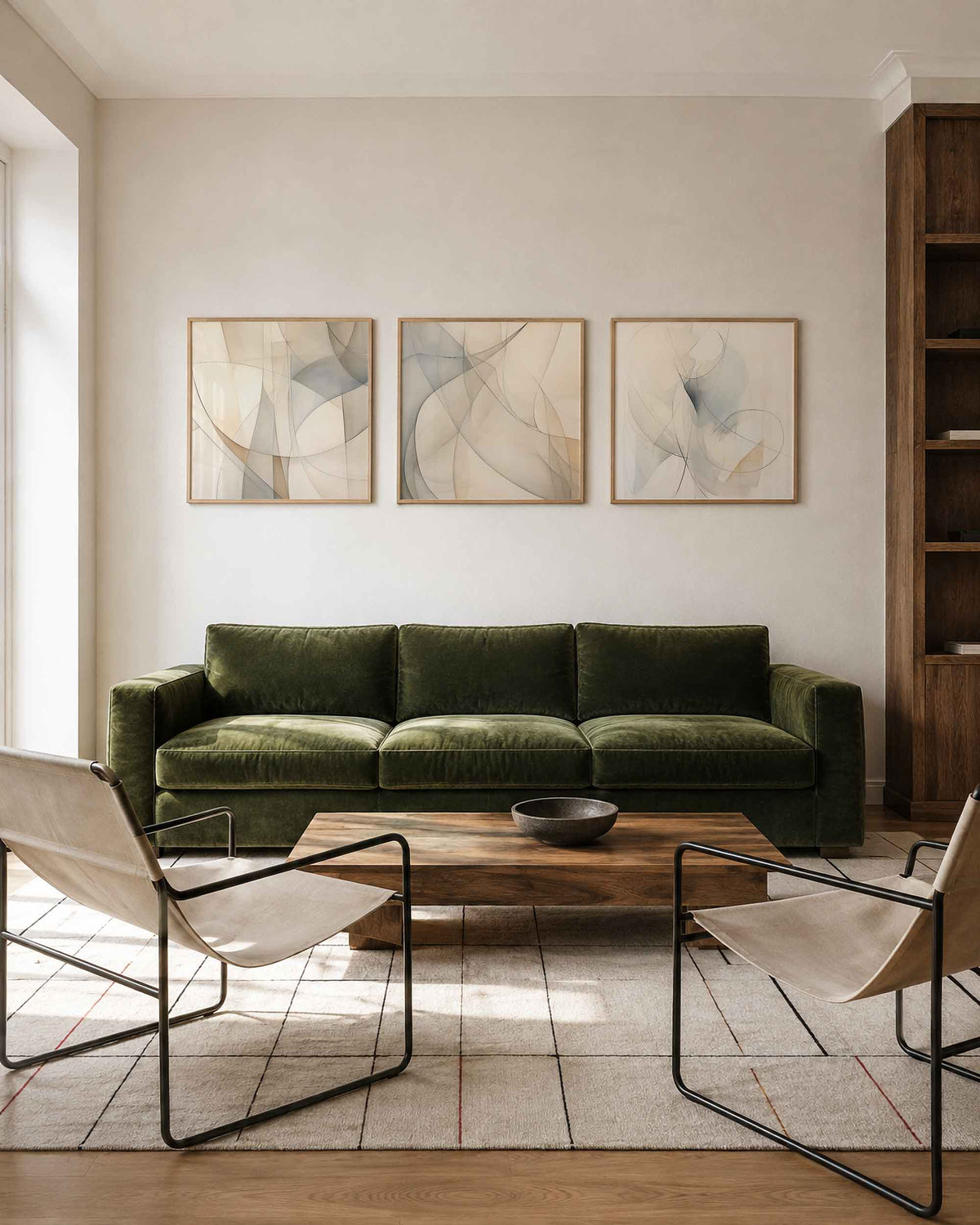 Interieurpresentatie van een driedelige vierkante posterset met abstracte lijnen