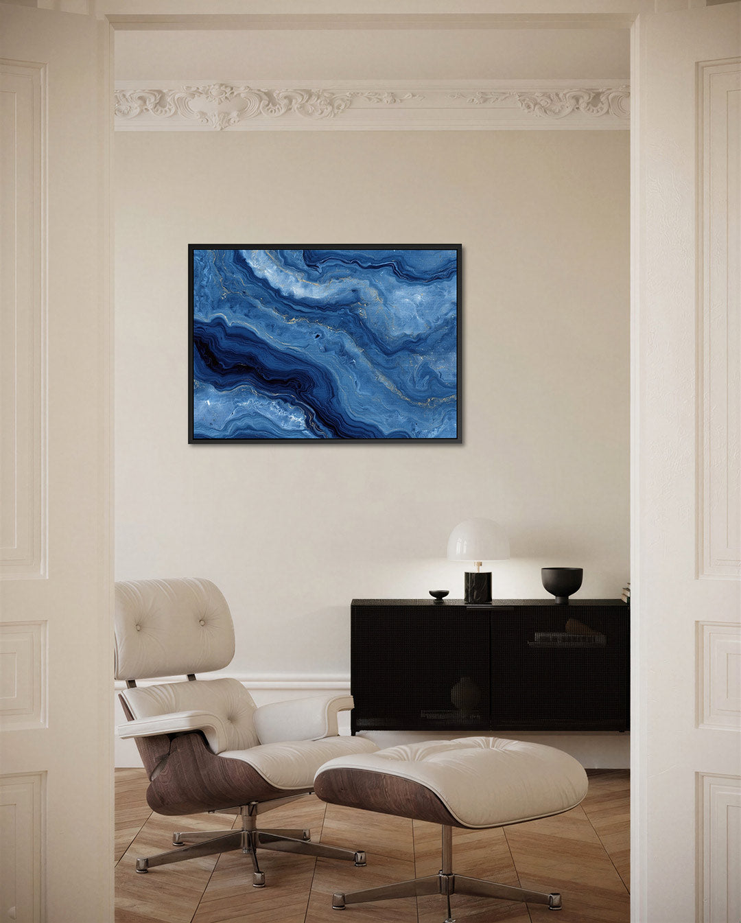 Golvende blauwe patronen – liggende wanddecoratie