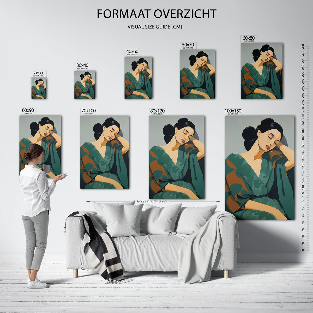 Vrouw in groene jurk – staande muurposter met botanisch thema