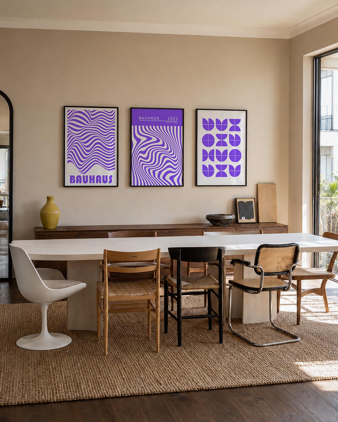 Golvend lijnenspel driedelige posterset – deze posterset in drie delen toont vloeiende paarse lijnen