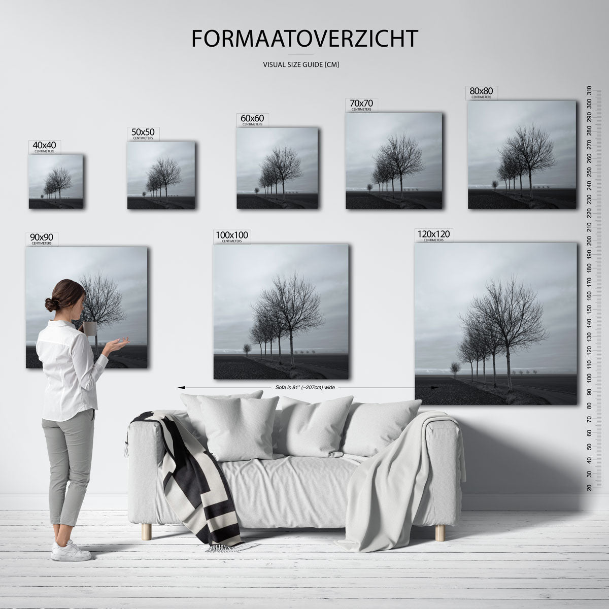 Landschap met bomen kunstwerk – materiaalweergave – een rij kale bomen langs een pad in een open landschap. De lucht is
