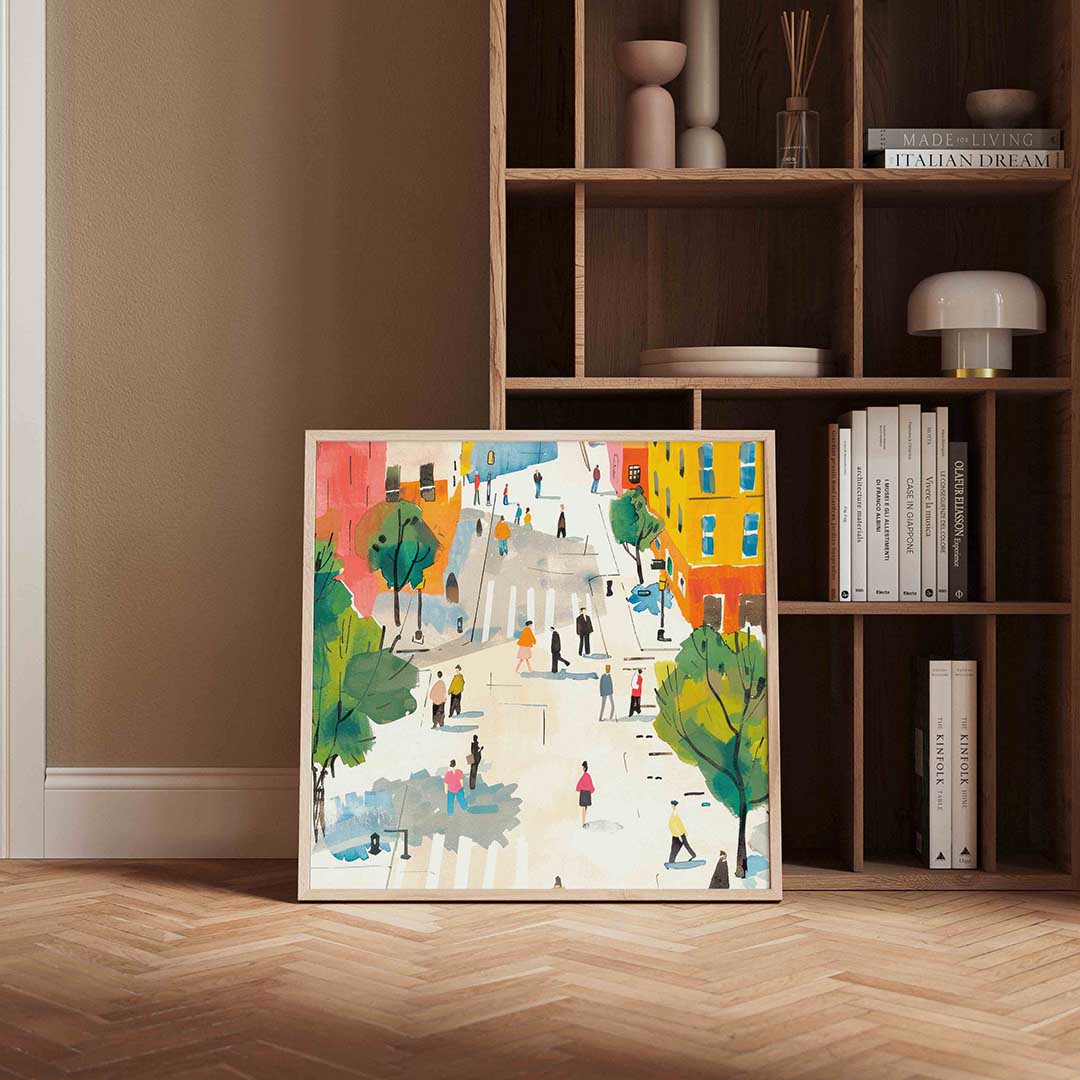 Straatscène met mensen – kleurrijke vierkante wanddecoratie van WallArtistic