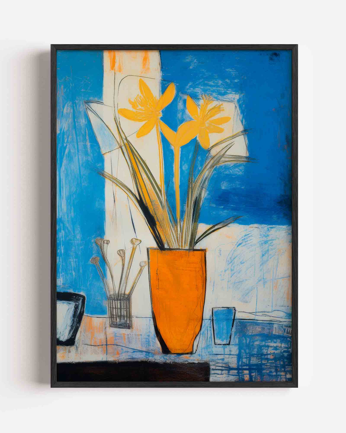 Gele bloemen in oranje vaas – Kunst & Design poster als staande wanddecoratie