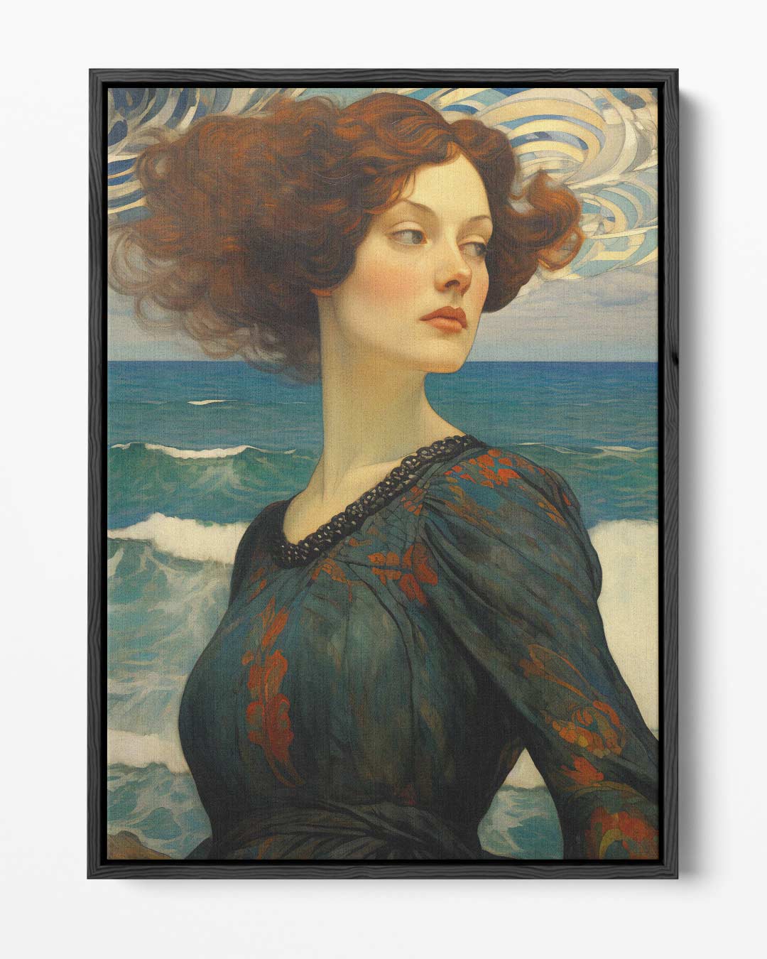 Dromerige dame aan zee – portret kunstwerk als wanddecoratie