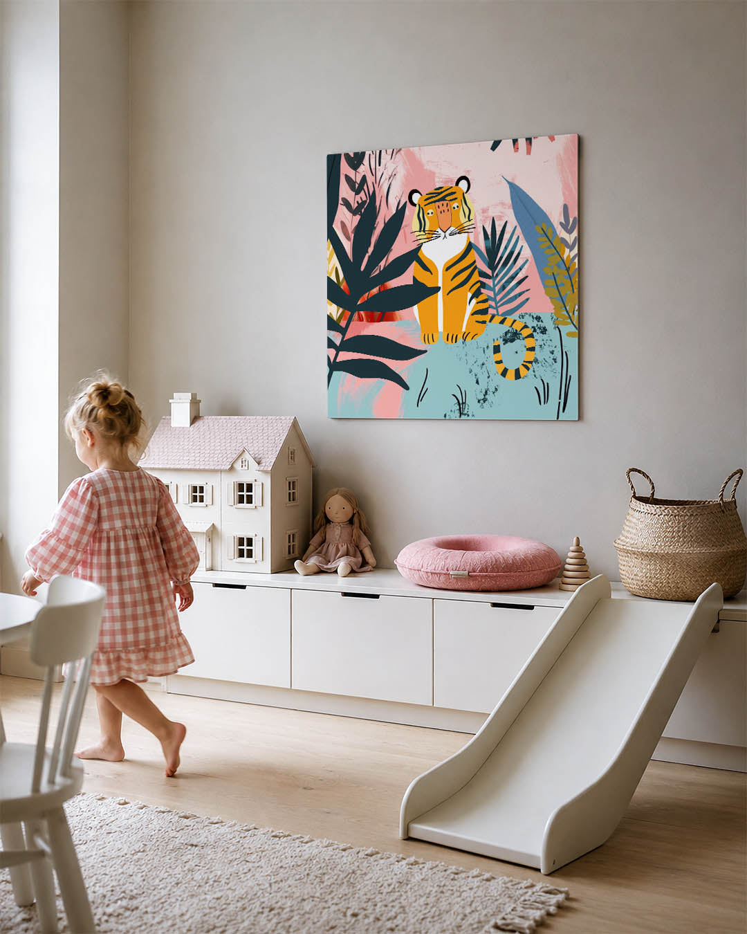Tropische tijger illustratie kunstwerk – tweede productweergave – dit werk toont een kleurrijke tijger omringd door