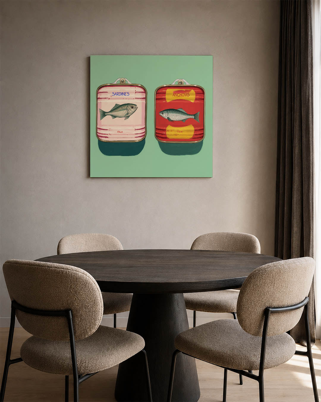 Vissen in blik kunstwerk – vierkante wanddecoratie – dit kunstwerk toont twee blikken vis op een groene achtergrond. De