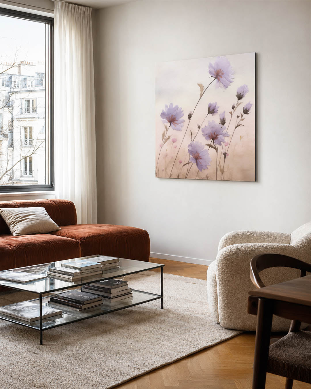 Bloemen in zachte tinten kunstwerk – vierkante wanddecoratie – dit kunstwerk toont delicate bloemen in zachte tinten, met