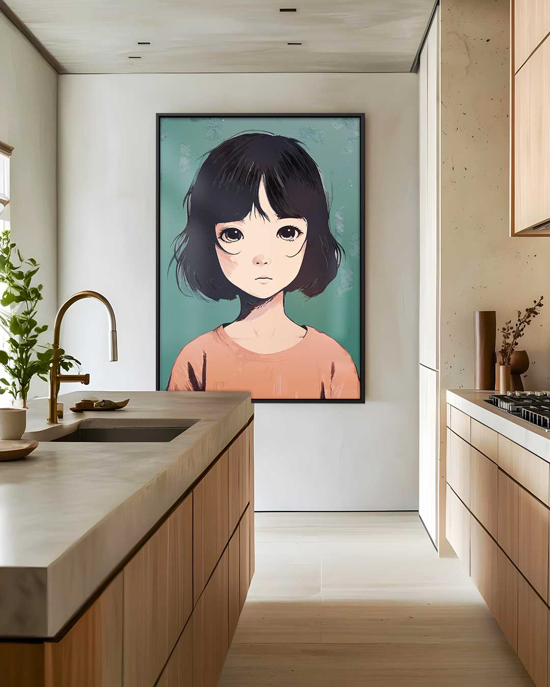 Meisje met Korte Zwarte Haarsnit – modern portret kunstwerk van WallArtistic