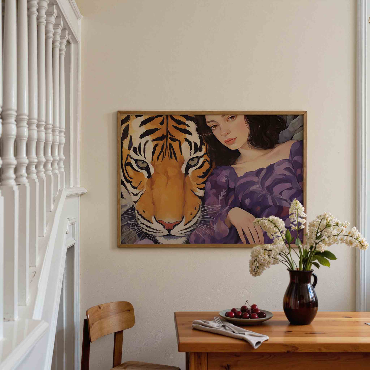 Tijger en vrouw – dieren poster in liggend formaat