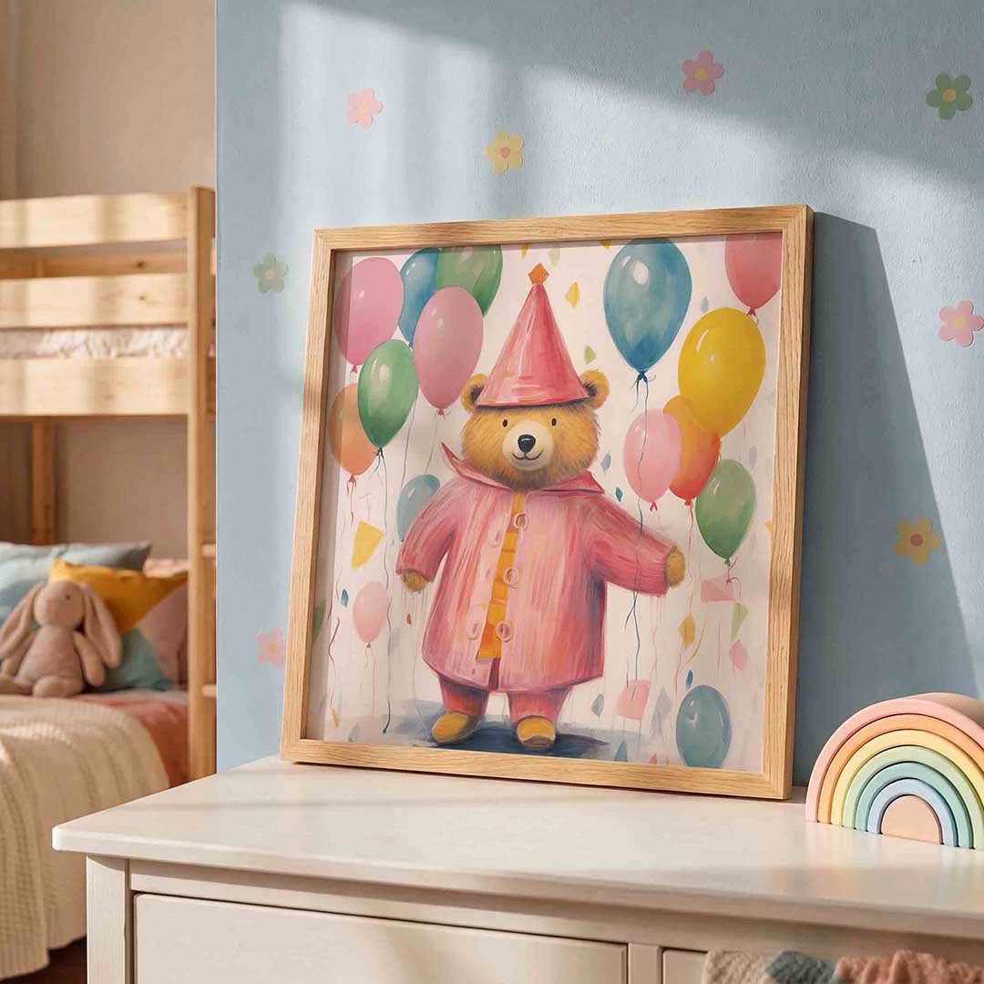 Berenfeest met ballonnen – speelse wandkunst als vierkante kinderposter