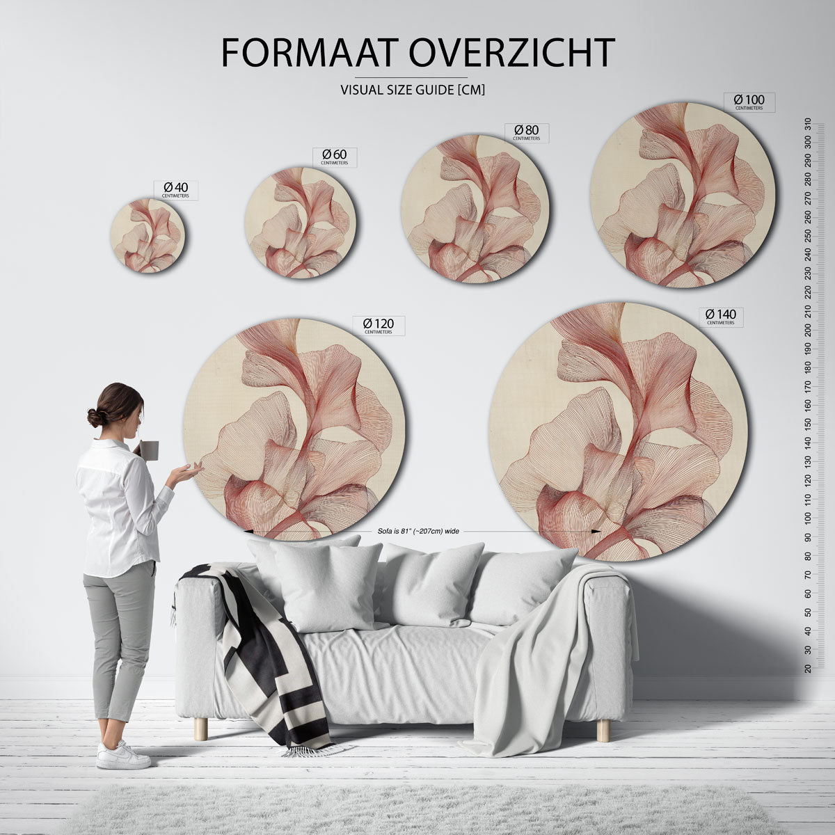 Organische vormen – ronde muurdecoratie met vrouwelijk portret