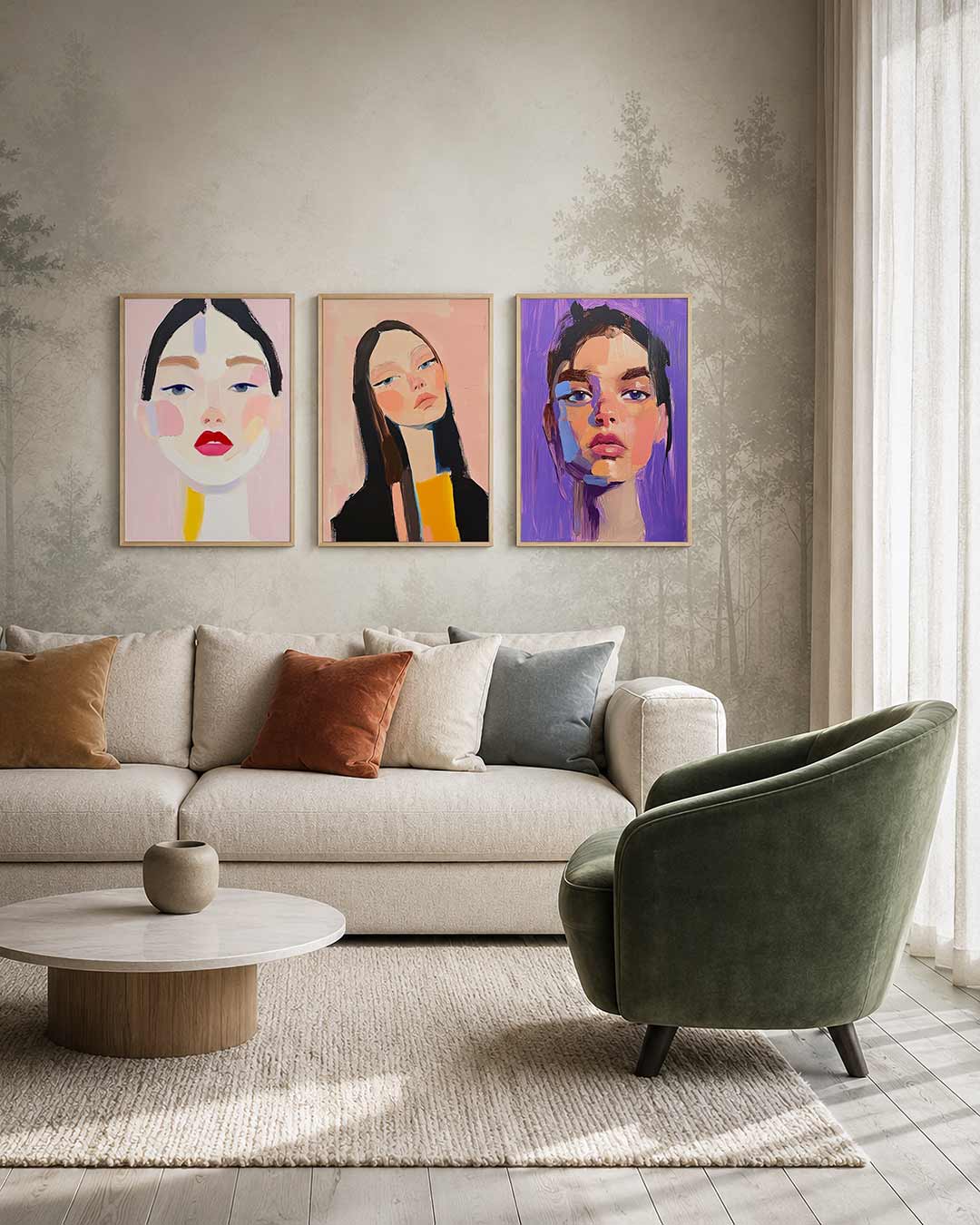 Kleurrijke portretvlakken driedelige posterset – een speelse compositie van kleurvlakken en lijnen