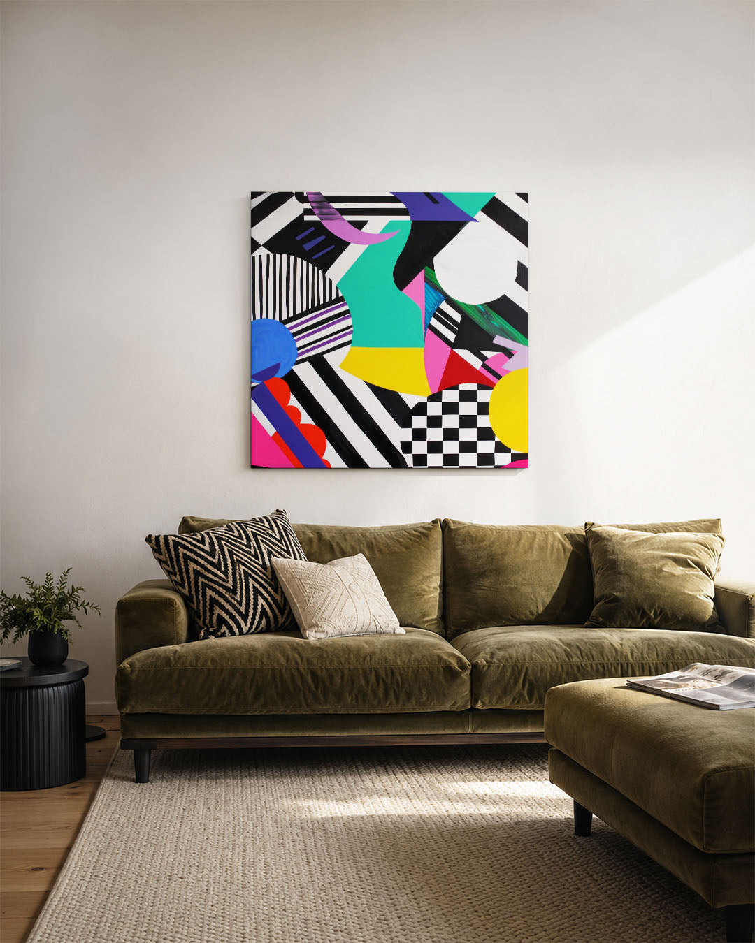 Dynamische geometrie kunstwerk – derde productweergave – dit werk toont een levendige mix van geometrische vormen en patronen