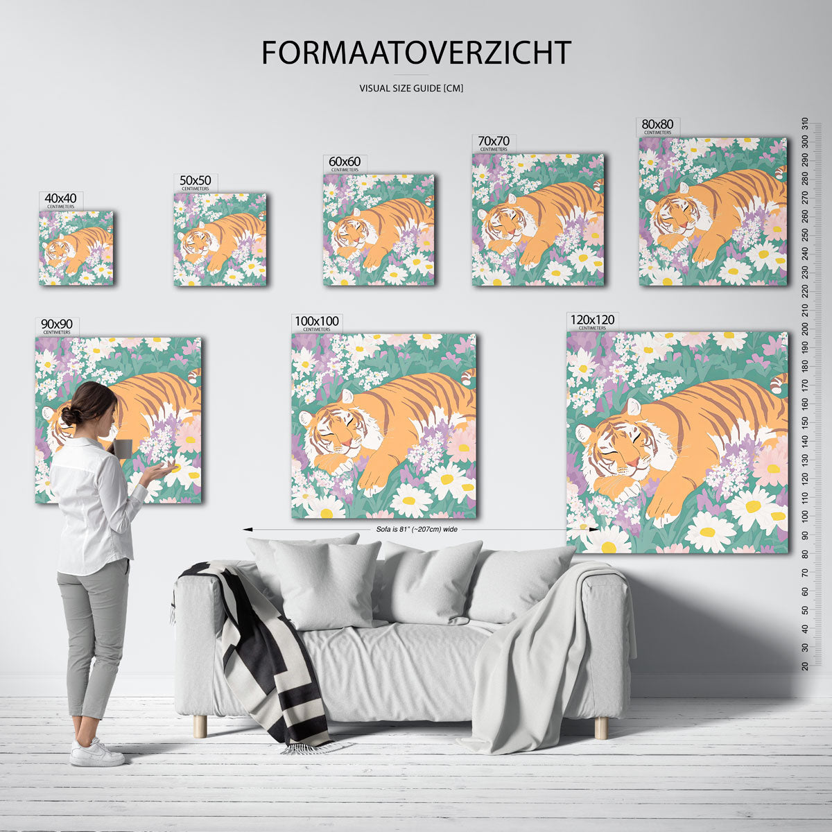 Slapende tijger tussen bloemen – vierkante muurposter met dierenthema