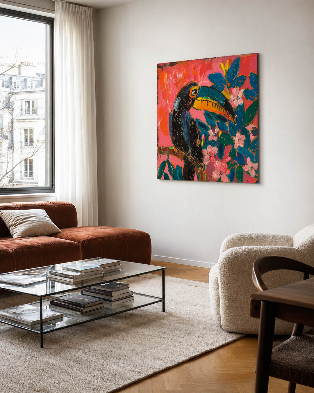 Vrolijke toekan kunstwerk – vierkante wanddecoratie – dit kunstwerk toont een kleurrijke toekan te midden van levendige